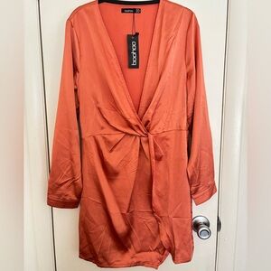 Boohoo Coral Satin Twist Knot Wrap Long Sleeve Dress